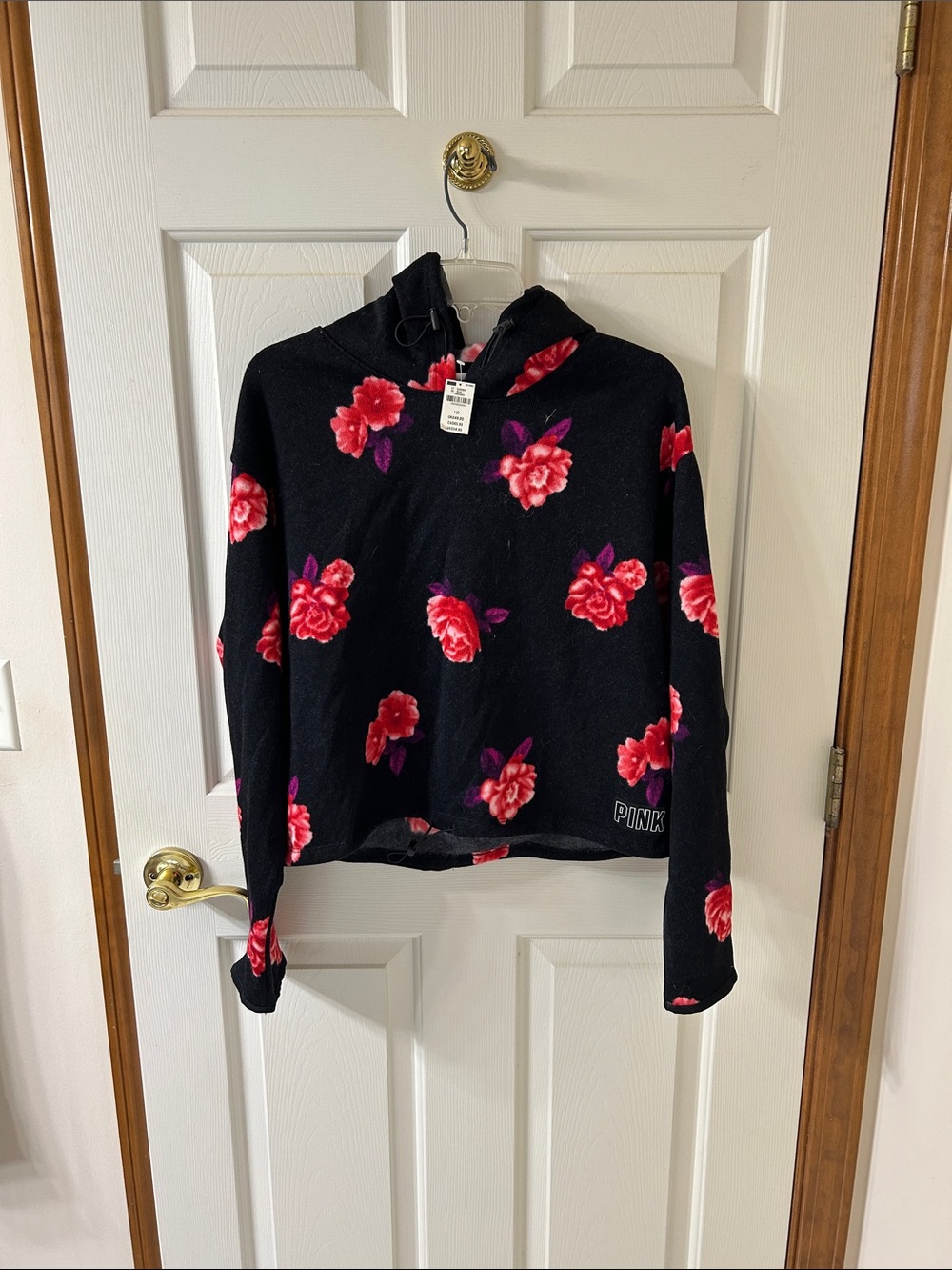 PINK Victoria's Secret Black Hoodie with Red & Pink Floral Print